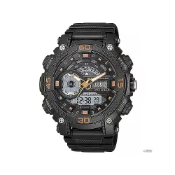   Ceas bărbătesc Q&Q plastic, mecanism quartz/LCD, carcasă și brățară neagră/portocalie, GW87J009Y