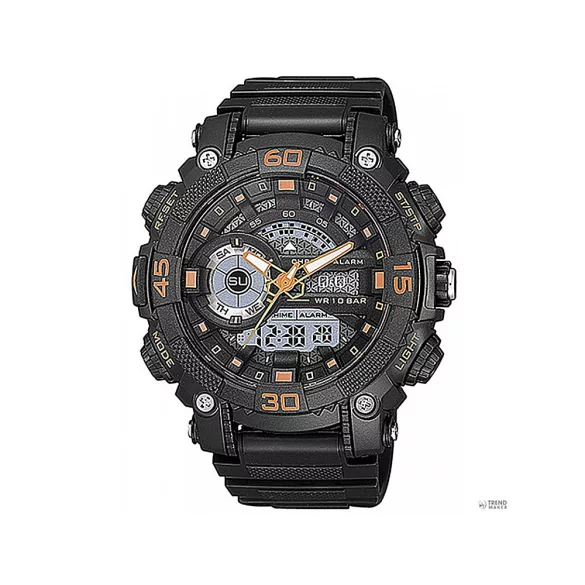 Ceas bărbătesc Q&Q plastic, mecanism quartz/LCD, carcasă și brățară neagră/portocalie, GW87J009Y