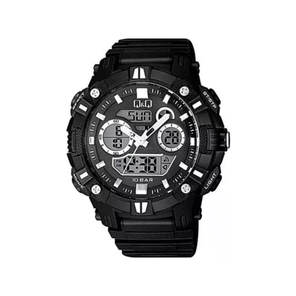Ceas bărbătesc Q&Q plastic, mecanism quartz/LCD, carcasă și brățară albă, GW88J001Y