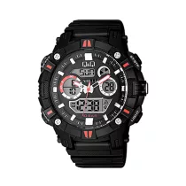   Ceas bărbătesc Q&Q plastic, mecanism quartz/LCD, carcasă și brățară neagră/roșie, GW88J003Y