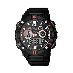   Ceas bărbătesc Q&Q plastic, mecanism quartz/LCD, carcasă și brățară neagră/roșie, GW88J003Y