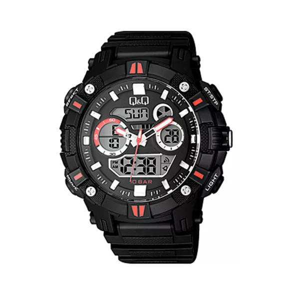 Ceas bărbătesc Q&Q plastic, mecanism quartz/LCD, carcasă și brățară neagră/roșie, GW88J003Y
