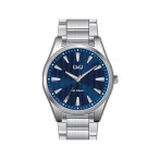   Ceas bărbătesc Q&Q, mecanism quartz, carcasă și brățară argintie, cadran albastru, QA54J802Y