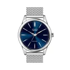   Ceas bărbătesc Q&Q, mecanism quartz, carcasă și brățară argintie, cadran albastru, QB02J801Y