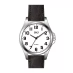   Ceas bărbătesc Q&Q, mecanism quartz, carcasă argintie, curea neagră, cadran alb, QB12J807Y
