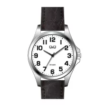   Ceas bărbătesc Q&Q, mecanism quartz, carcasă argintie, curea neagră, cadran alb, QB12J807Y