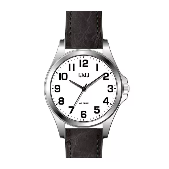 Ceas bărbătesc Q&Q, mecanism quartz, carcasă argintie, curea neagră, cadran alb, QB12J807Y