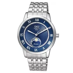   Ceas bărbătesc Q&Q, mecanism quartz, carcasă și brățară argintie, cadran albastru, QZ10J218Y