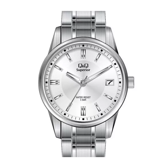 Ceas bărbătesc Q&Q Superior, mecanism quartz, carcasă și brățară argintie, cadran alb, S290J201Y