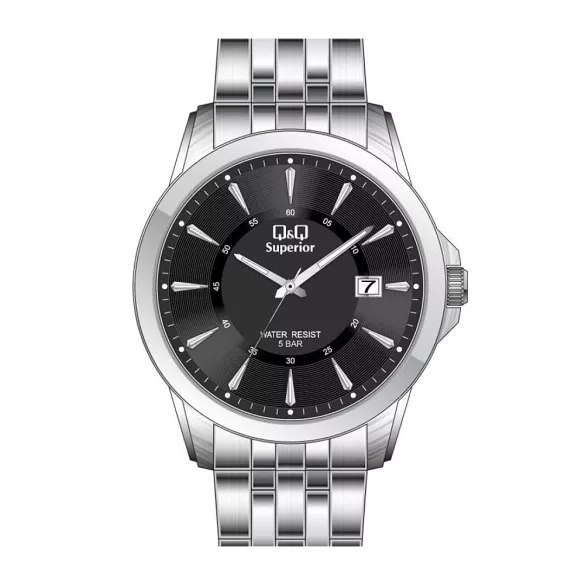 Ceas bărbătesc Q&Q Superior, mecanism quartz, carcasă și brățară argintie, cadran negru, S300J202Y