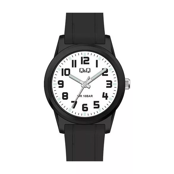 Ceas bărbătesc Q&Q plastic, mecanism quartz, carcasă și brățară neagră, cadran alb, VR35J809Y