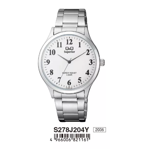 Ceas bărbătesc Q&Q Superior, mecanism quartz, carcasă și brățară argintie, cadran alb, S278J204Y
