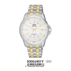   Ceas bărbătesc Q&Q Superior, mecanism quartz, carcasă argintie, brățară bicolor, cadran alb, S300J401Y