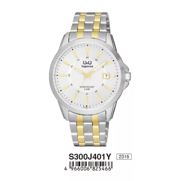 Ceas bărbătesc Q&Q Superior, mecanism quartz, carcasă argintie, brățară bicolor, cadran alb, S300J401Y