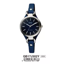   Ceas de damă Q&Q, mecanism quartz, carcasă argintie, curea albastră, cadran albastru, QB17J302Y