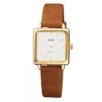   Ceas de damă Q&Q, mecanism quartz, carcasă aurie, curea maro, cadran alb, QB51J111Y
