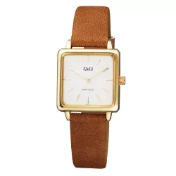   Ceas de damă Q&Q, mecanism quartz, carcasă aurie, curea maro, cadran alb, QB51J111Y