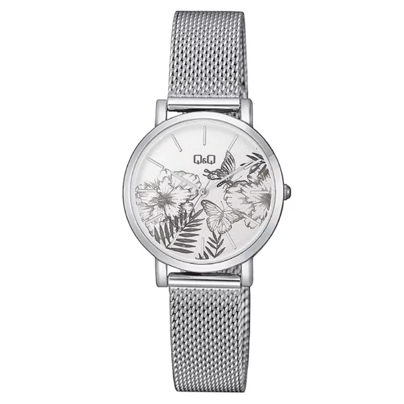 Ceas de damă Q&Q, mecanism quartz, carcasă și brățară argintie, cadran argintiu, QA21J231Y
