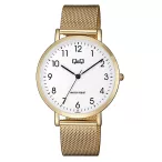   Q&Q férfi fémcsatos karóra, quartz, arany színű tok és csat, fehér számlap, QA20J054Y