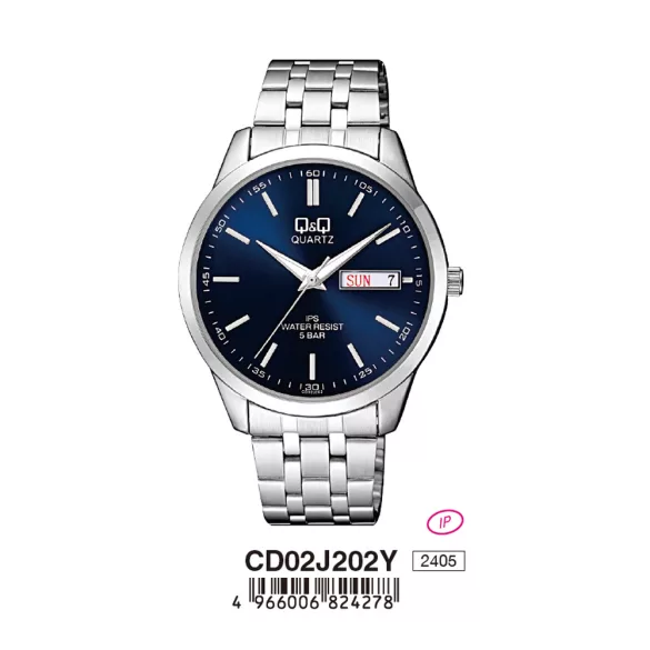 Ceas bărbătesc Q&Q, mecanism quartz, carcasă și brățară argintie, cadran albastru, CD02J202Y