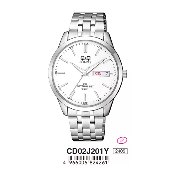 Ceas bărbătesc Q&Q, mecanism quartz, carcasă și brățară argintie, cadran alb, CD02J201Y