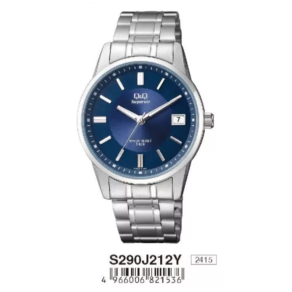 Ceas bărbătesc Q&Q Superior, quartz, carcasă și brățară argintie, cadran albastru S290J212Y