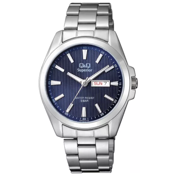 Ceas bărbătesc Q&Q Superior, quartz, carcasă și brățară argintie, cadran albastru S284J212Y