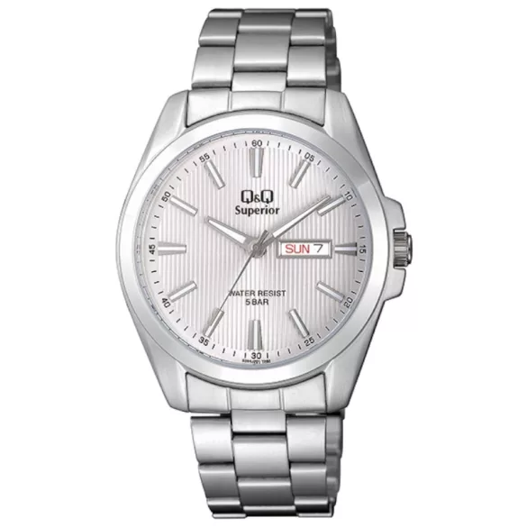 Ceas bărbătesc Q&Q Superior, quartz, carcasă și brățară argintie, cadran alb S284J201Y