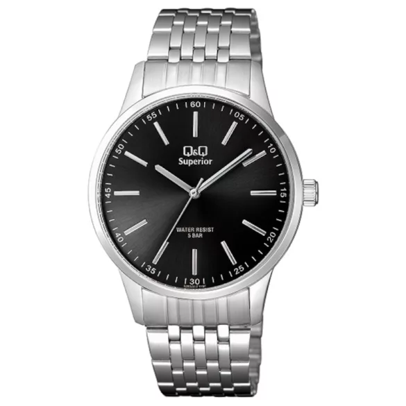 Ceas bărbătesc Q&Q Superior, quartz, carcasă și brățară argintie, cadran negru S280J212Y