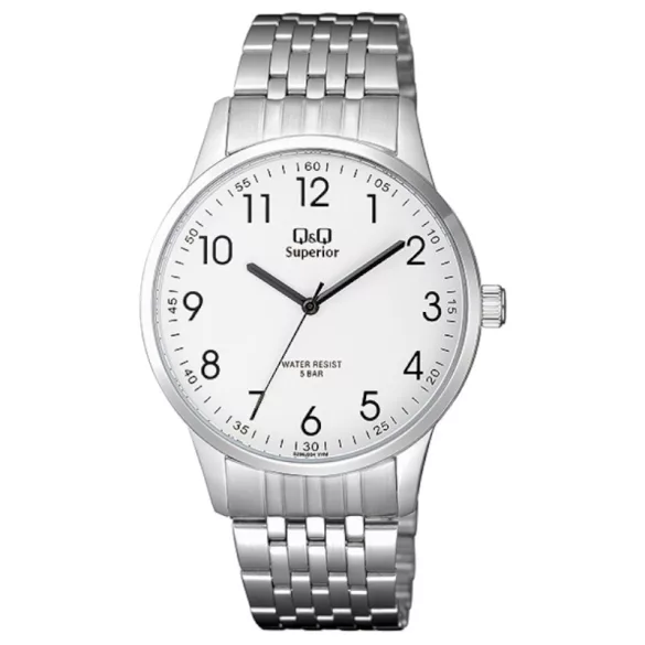 Ceas bărbătesc Q&Q Superior, quartz, carcasă și brățară argintie, cadran alb S280J204Y