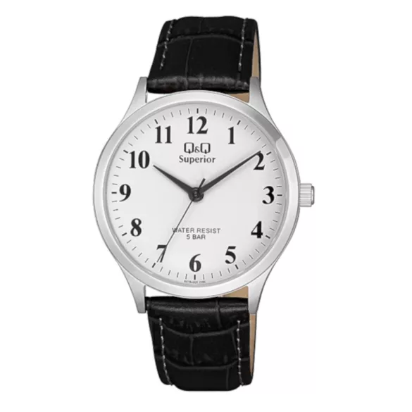 Ceas bărbătesc Q&Q Superior, quartz, carcasă argintie, curea neagră, cadran alb S278J304Y