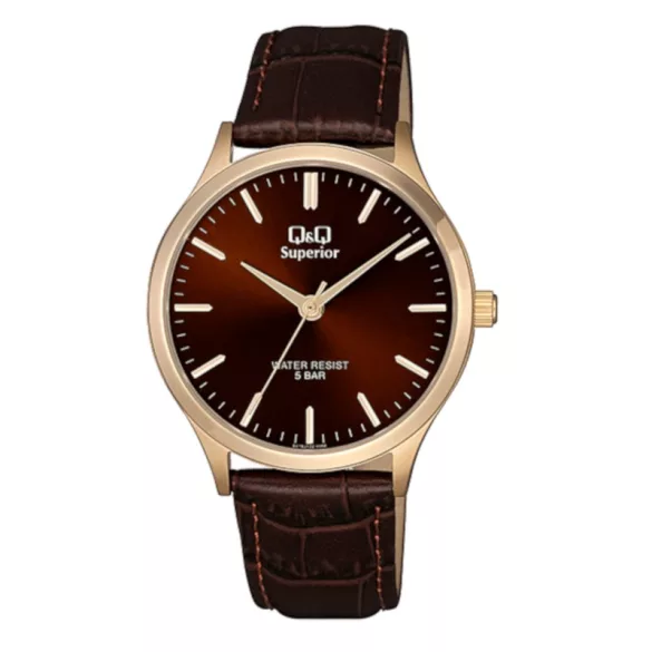 Ceas bărbătesc Q&Q Superior, quartz, carcasă culoare rosegold, curea maro, cadran maro S278J102Y