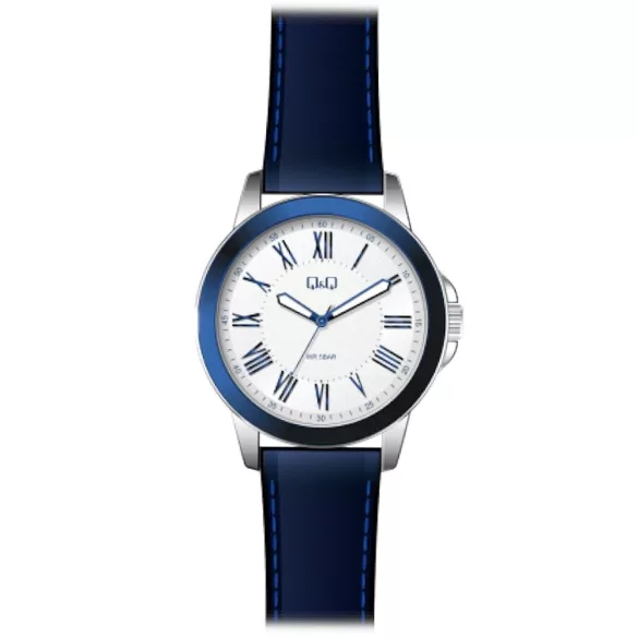 Ceas bărbătesc Q&Q quartz, carcasă argintie, curea albastră, cadran alb QB22J317Y