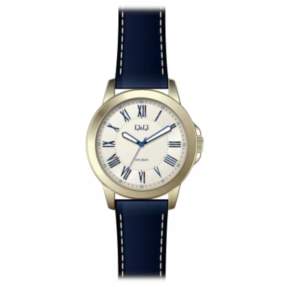 Ceas bărbătesc Q&Q quartz, carcasă aurie, brățară albastră, cadran alb QB22J107Y