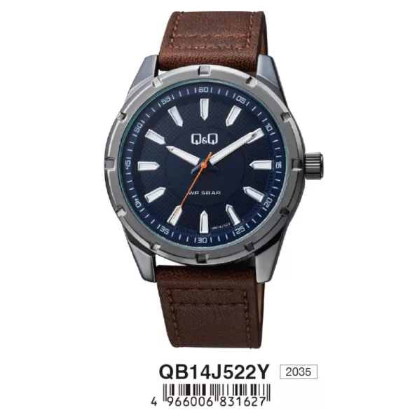 Ceas bărbătesc Q&Q quartz, carcasă neagră, curea maro, cadran albastru QB14J522Y