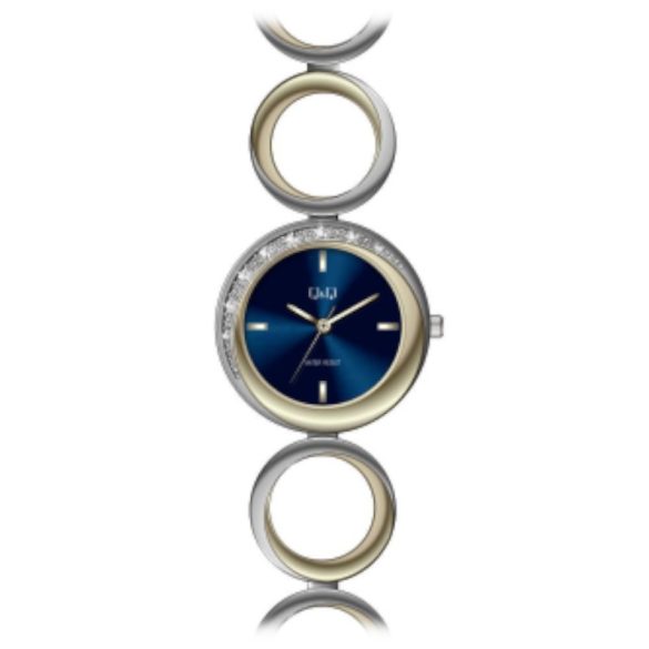 Ceas damă fashion Q&Q quartz, carcasă și brățară bicolor, cadran albastru F641J402Y