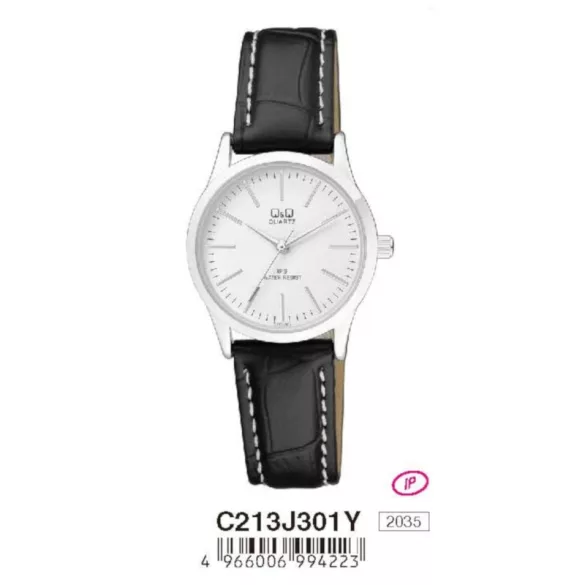 Ceas damă Q&Q quartz, carcasă argintie, curea neagră, cadran alb C213J301Y