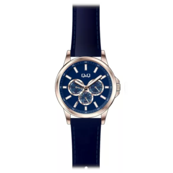 Ceas bărbătesc Q&Q quartz, carcasă culoare rosegold, curea și cadran albastru AA32J102Y