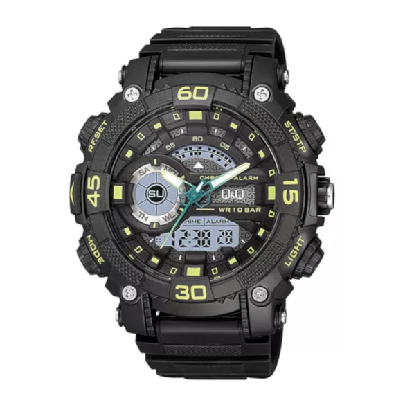 Ceas bărbătesc Q&Q plastic, quartz/LCD negru/verde GW87J008Y