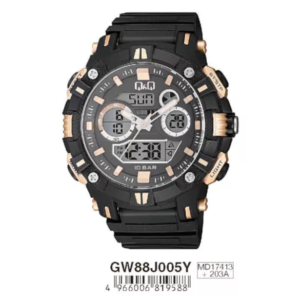 Ceas bărbătesc Q&Q plastic, quartz/LCD negru/roșu GW88J005Y