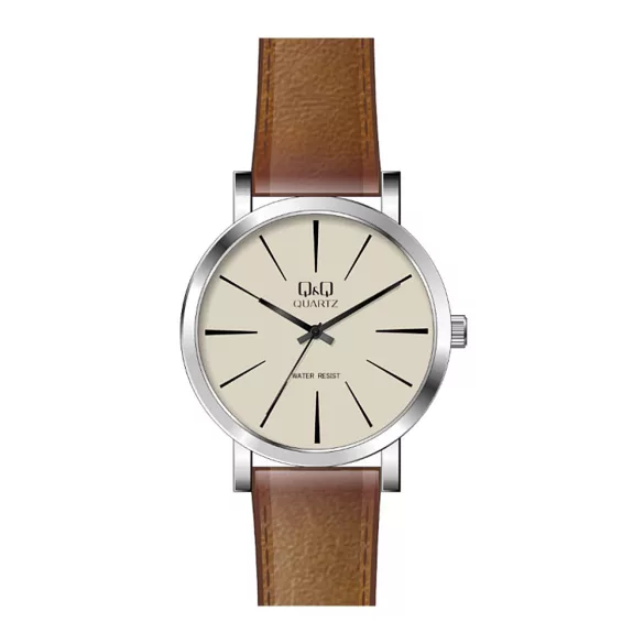 Ceas bărbătesc Q&Q quartz, carcasă argintie, curea maro, cadran alb Q892J300Y