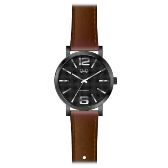 Ceas bărbătesc Q&Q quartz, carcasă neagră, curea maro, cadran negru Q892J572Y