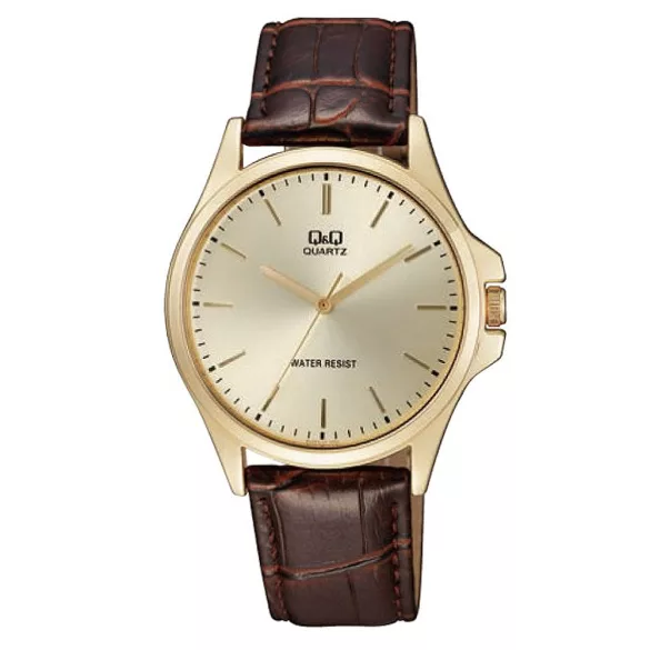 Ceas bărbătesc Q&Q quartz, carcasă aurie, curea maro, cadran bej QA06J100Y