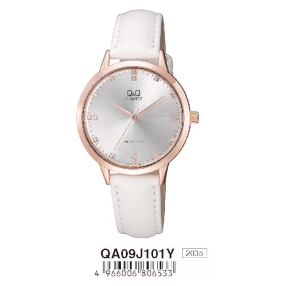 Ceas damă Q&Q quartz, carcasă culoare rosegold, curea albă, cadran argintiu QA09J101Y