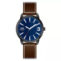   Ceas bărbătesc Q&Q quartz, carcasă neagră, curea maro, cadran albastru QA98J522Y