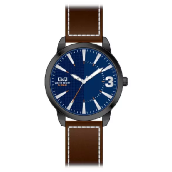 Ceas bărbătesc Q&Q quartz, carcasă neagră, curea maro, cadran albastru QA98J522Y