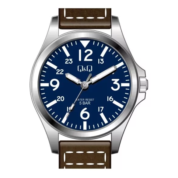 Ceas bărbătesc Q&Q quartz, carcasă argintie, curea maro, cadran albastru QB12J335Y