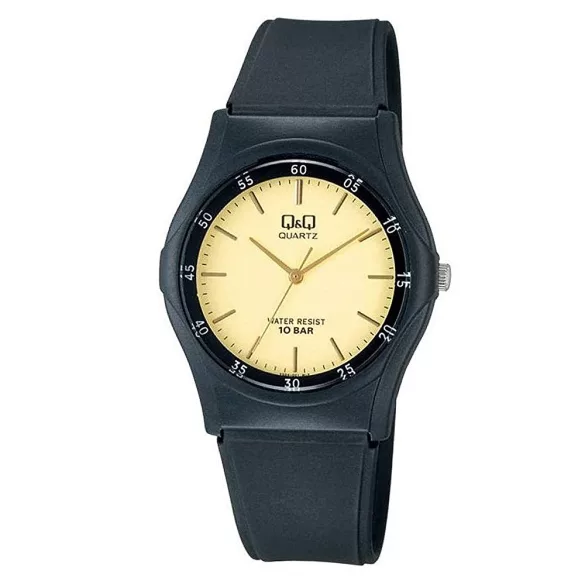 Ceas damă Q&Q plastic, carcasă și curea neagră, cadran bej VQ04J001Y