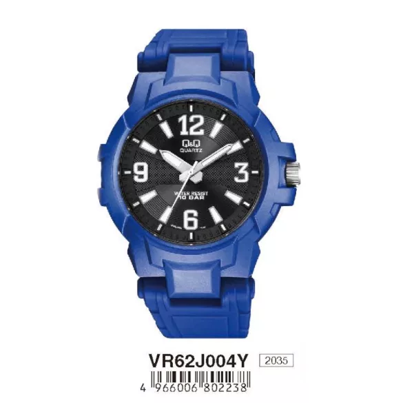 Ceas bărbătesc Q&Q plastic, quartz, carcasă și brățară albastră, cadran negru VR62J004Y