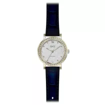   Ceas damă Q&Q quartz, carcasă aurie, curea neagră, cadran argintiu QB45J101Y